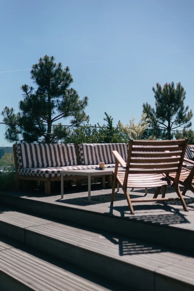 The rooftop terrace at Stretch & Fold with outdoor seating